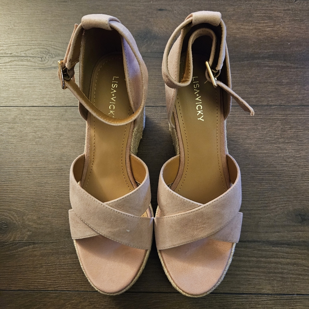 Lisa Vicky Dusty Pink Kid Suede Platform Espadrille Wedge Sandal Women's 9 M New